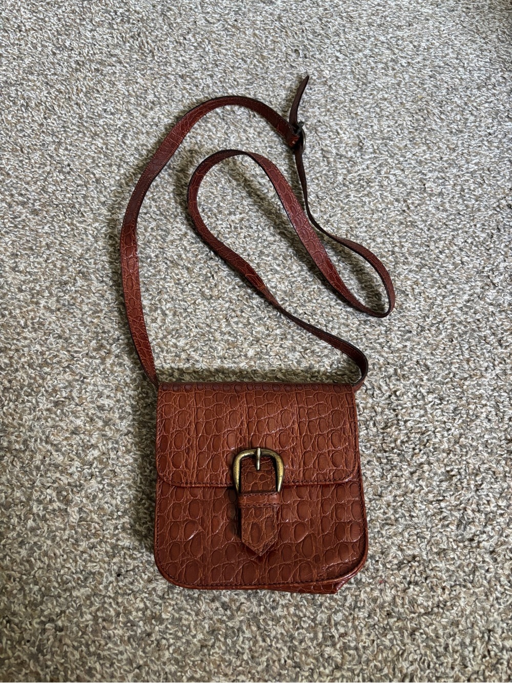 Bally Classic Brown Leather Croc-Embossed Crossbody Bag with Buckle